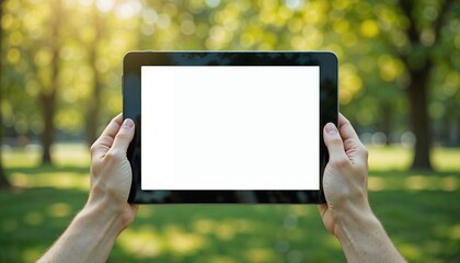 Person's hands holding tablet with blank screen outdoors in a sunny park with blurred background
