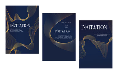 Elegant golden waves Luxury invitation card background. Premium geometric shape, bold gold line gradient on blue. Rich design for gala card, grand opening, party invitation, layout, templates.