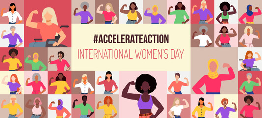 A poster for International Women's Day featuring a collage of women with the slogan #AccelerateAction