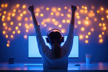 Silhouette of a person raising arms in triumph in front of a computer screen with vibrant fairy lights. achievement and gaming