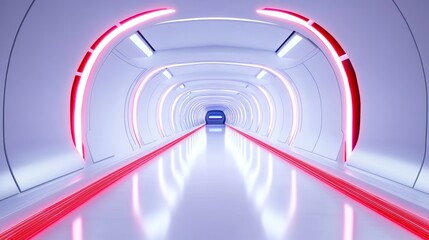 Obraz premium Sleek Futuristic White Corridor With Red Neon Lights - Minimalist futuristic tunnel, glowing red neon, sleek white walls, modern technology, endless pathway. Symbolizing progress, innovation, speed, f