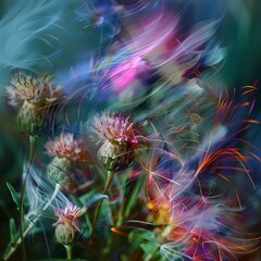 Obraz premium Whimsical Bloom: Abstract floral fantasy, vibrant wildflowers dance in a surreal, painterly style. Colors blend in a dreamy, ethereal atmosphere.