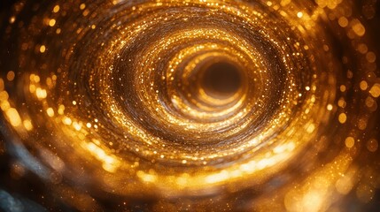 Golden spiral tunnel, swirling, abstract, glowing particles