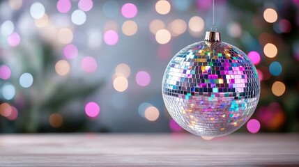 Fototapeta premium Shiny disco ball ornament hangs above a wooden table against a colorful bokeh background of festive lights.
