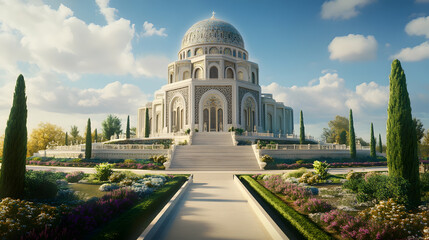 Obraz premium Majestic Dome Temple Surrounded by Lush Gardens and Blue Sky in Picturesque Setting : Generative AI