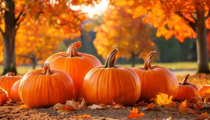 Naklejka premium Vibrant Pumpkins Gathered in a Sunlit Field During Autumn Harvest Season