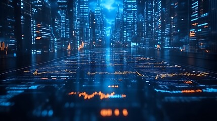 Futuristic city street with glowing digital data interface.