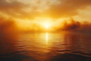 Fototapeta premium Fiery sunset over calm ocean with fog.