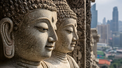 Majestic Carved Buddha Statues Overlooking Cityscape : Generative AI