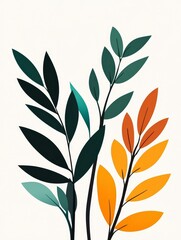 Fototapeta premium Colorful Autumn Leaves Abstract Art - An abstract image featuring stylized leaves in shades of teal, orange, and dark green, set against a white background. Perfect for adding a touch of nature to you