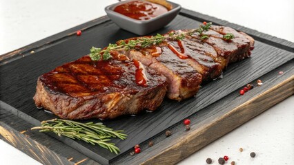 Aged cooked beef striploin with a sweet and spicy barbecue glaze on a black wood board, slow-cooked beef, beef striploin