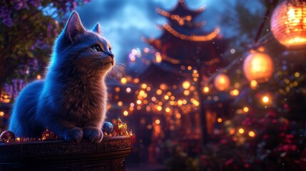 Blue Cat on Festive Pedestal with Lanterns in the Background. Generative AI