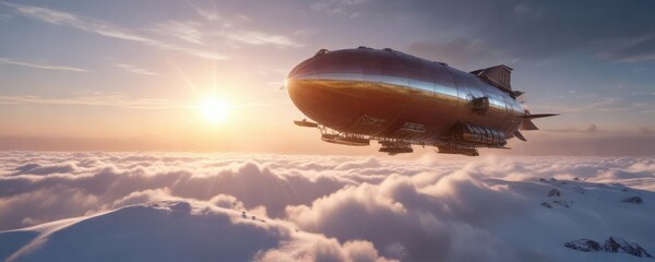 Naklejka premium Airship drifting gently over a vast snowy expanse with the sun shining through the clouds, snow, peaceful landscape, gentle breeze