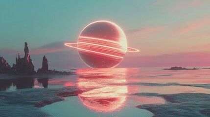Futuristic sci-fi planet with glowing rings, cosmic and magical, abstract and dynamic, infinite and peaceful, bright and ethereal, high detail and vibrant reflections