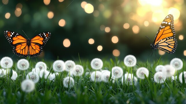 Fototapeta Colorful butterflies flutter above blooming dandelions in a sunlit meadow filled with twinkling bokeh
