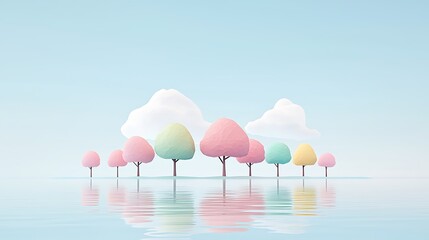 Pastel trees reflected in calm water under a soft sky; ideal for spring or children's themes