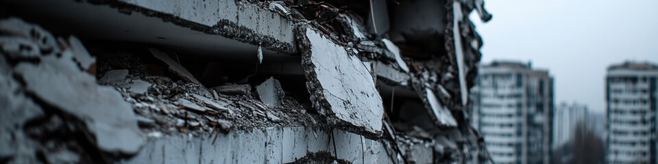 Demolished Concrete Structure and Background Buildings