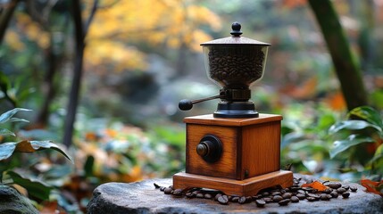 A coffee grinder perched on a rustic tree stump in a natural setting