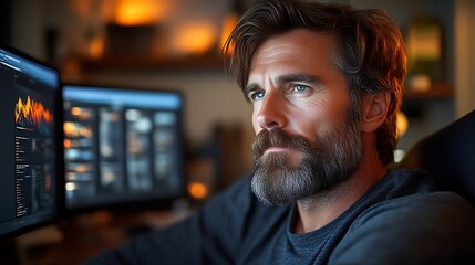 Pensive man working late at night on his computer, analyzing data.