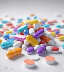 A stack of medication pills on a white surface, pills, medication,