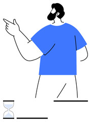 Bearded man gestures confidently to the side wearing a blue shirt, paired with a small hourglass, representing time, deadlines, productivity, and personal responsibility. Ideal for leadership