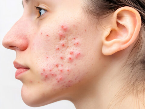 Young woman showing severe acne problem on face skin