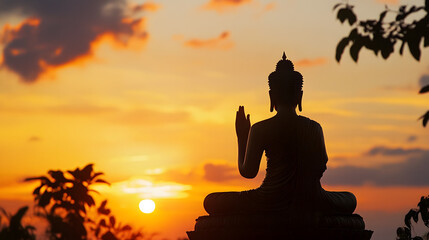 Buddha Silhouette Against Vibrant Orange Sky During Serene Sunset Offering Peaceful Reflection : Generative AI