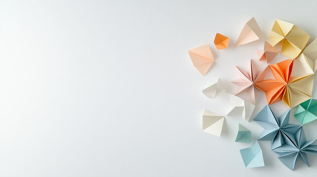 Colorful origami shapes scattered on white background