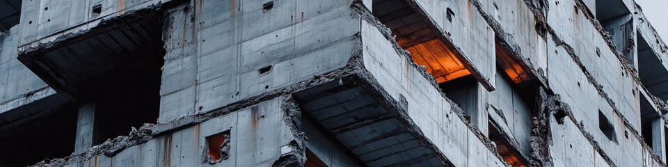 Damaged Concrete Building Exterior with Exposed Interior Spaces