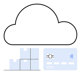 Cloud outline above stacked boxes and a contactless card illustrates digital storage, payment, and logistics connectivity. Ideal for e-commerce, finance, cloud tech, logistics, digital systems, cyber