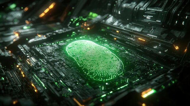Green fingerprint scanning futuristic server