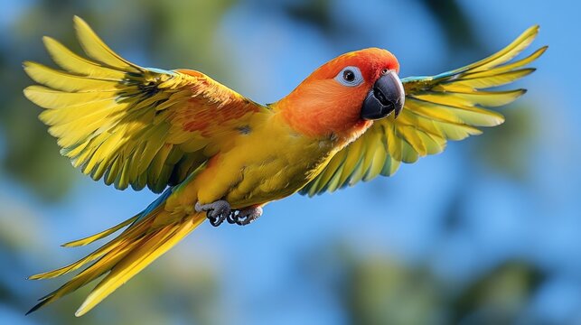 A bright yellow and red parrot soaring through the air, with vibrant colors and textured feathers