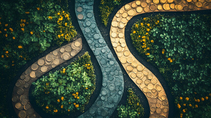 Symbolic photo of multiple income streams represented by diverging pathways leading to wealth