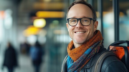 Obraz premium Smiling Man with Bags in Terminal.