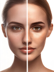 Woman showing skin tanning before and after treatment