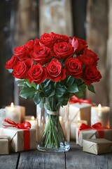 Obraz premium A bouquet of red roses in a glass vase on a wooden table, surrounded by gifts and tealight candles. This warm, romantic image suits ads, cards, or promotions for Valentine’s or anniversaries.