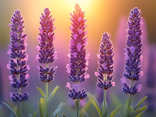Naklejka premium Four lavender stalks backlit by sunset.