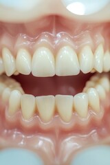 A set of fake human teeth in a dentist's model. The model displays the full range of tooth types, including front and back teeth with a gum line.
