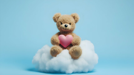 Teddy bear holding a pink heart, sitting on a cloud against a blue background