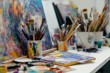 Fototapeta premium Paints, brushes, and canvas on a table