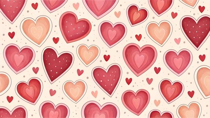 A seamless pattern of red and pink hearts of various sizes on a light pink background.