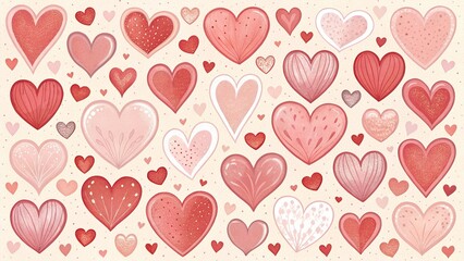 A seamless pattern of red and pink hearts of various sizes on a light pink background.