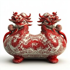 Ceramic red and white pagoda in three levels on a transparent cutout, saved as a PNG file