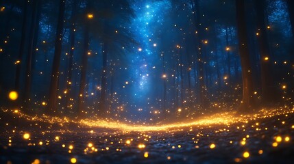Enchanting fireflies illuminate a mystical forest path at night.