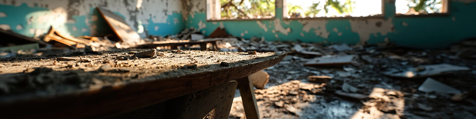 Fototapeta premium Dust-Covered Desk in a Destroyed Room