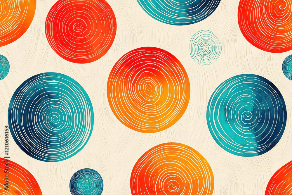 Poster vibrant abstract pattern featuring colorful circles and wavy lines on a neutral background highlight