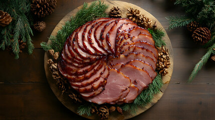 Top view of beautifully arranged platter of sliced black forest ham on rustic wooden tray for food photography.illustration