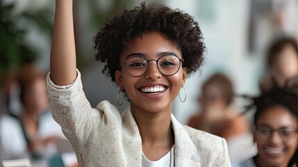 Enthusiastic African Student Hand Up in Classroom
