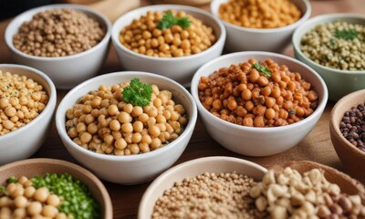 Fototapeta premium A variety of small bowls containing cooked chickpeas, lentils, and quinoa, each with a different topping , healthy eating, mixed toppings