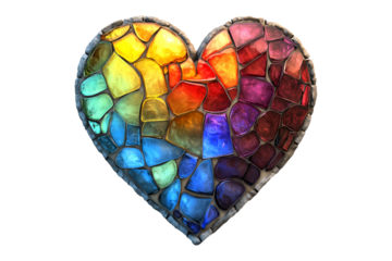 Glass mosaic heart in vibrant rainbow hues isolated on white transparent background. Concept of love and Valentine Day
